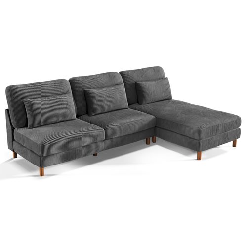 Canapé D'angle 3 Places + Chaise Longue En Velours Côtelé,256cm X 94cm X 88cm,gris