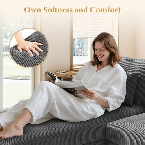 Canapé D'angle 3 Places + Chaise Longue En Velours Côtelé,256cm X 94cm X 88cm,gris