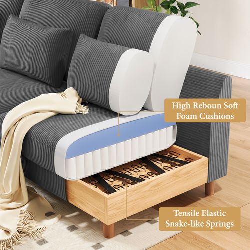 Canapé D'angle 3 Places + Chaise Longue En Velours Côtelé,256cm X 94cm X 88cm,gris