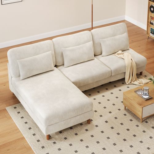 Canapé Scandinave 3 Places + Chaise Longue En Velours Côtelé Beige,256cm X 94cm X 88cm
