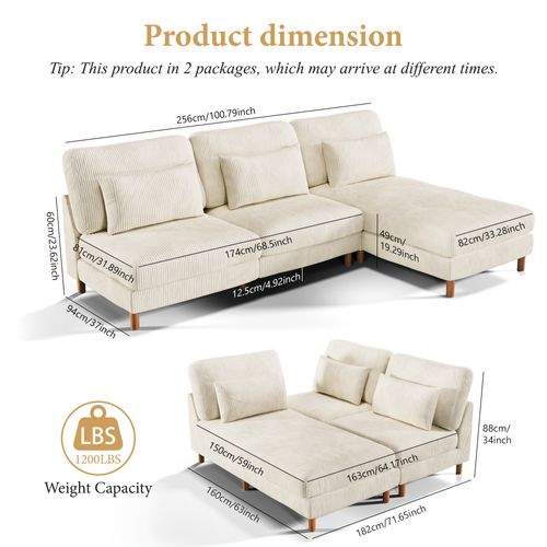 Canapé Scandinave 3 Places + Chaise Longue En Velours Côtelé Beige,256cm X 94cm X 88cm