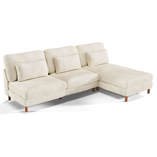 Canapé Scandinave 3 Places + Chaise Longue En Velours Côtelé Beige,256cm X 94cm X 88cm