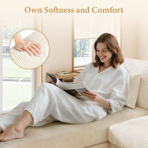 Canapé Scandinave 3 Places + Chaise Longue En Velours Côtelé Beige,256cm X 94cm X 88cm