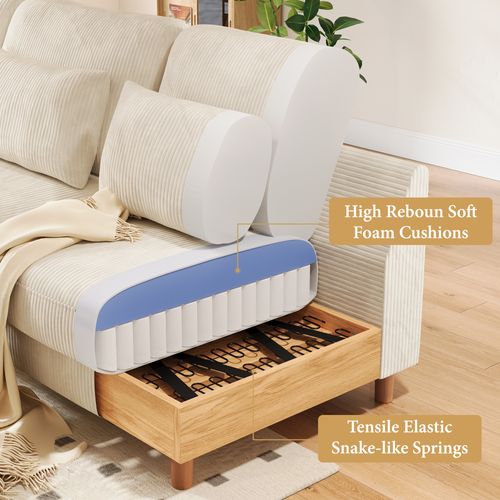 Canapé Scandinave 3 Places + Chaise Longue En Velours Côtelé Beige,256cm X 94cm X 88cm