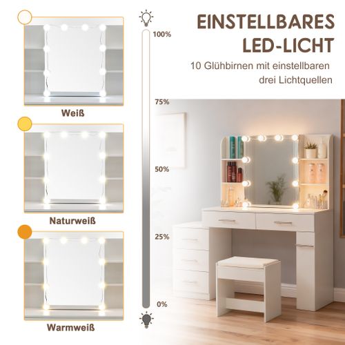 Coiffeuse LED Professionnelle- Miroir Coulissant Avec Compartiment Caché, 5 Tiroirs et Étagères