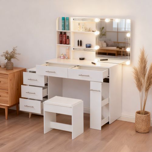 Coiffeuse LED Professionnelle- Miroir Coulissant Avec Compartiment Caché, 5 Tiroirs et Étagères