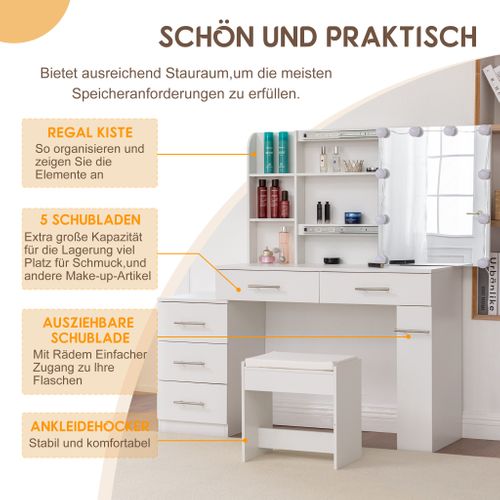 Coiffeuse LED Professionnelle- Miroir Coulissant Avec Compartiment Caché, 5 Tiroirs et Étagères