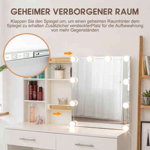 Coiffeuse LED Professionnelle- Miroir Coulissant Avec Compartiment Caché, 5 Tiroirs et Étagères