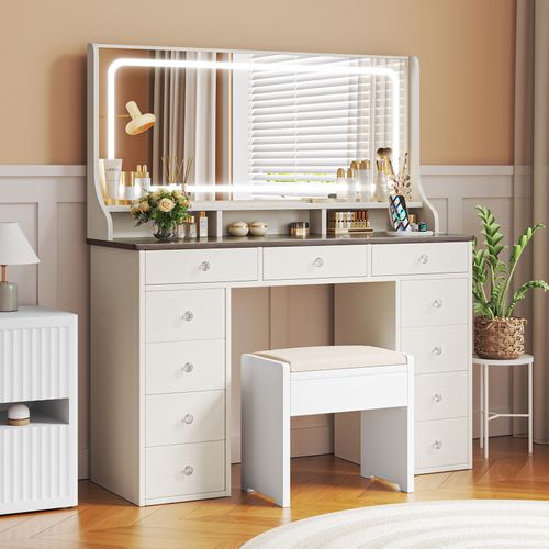 Coiffeuse Élégante 11 Tiroirs Grand Miroir 110cm Avec Prise-support Table De Maquillage LED Marron