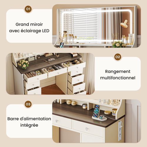 Coiffeuse Élégante 11 Tiroirs Grand Miroir 110cm Avec Prise-support Table De Maquillage LED Marron