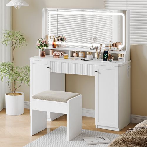 Coiffeuse Élégante Moderne 1 Tiroir Grand LED Miroir Avec Prise-support Table Maquillage Blanc
