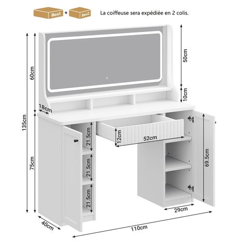Coiffeuse Élégante Moderne 1 Tiroir Grand LED Miroir Avec Prise-support Table Maquillage Blanc