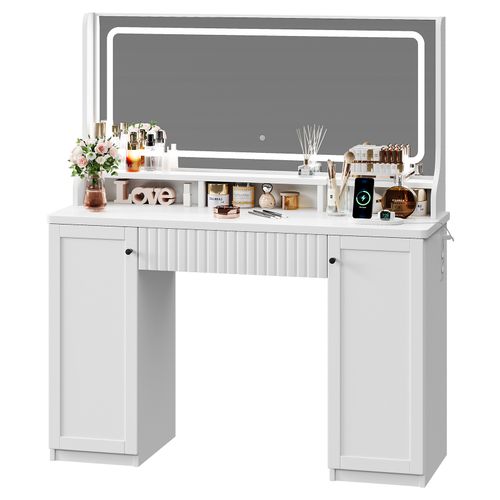 Coiffeuse Élégante Moderne 1 Tiroir Grand LED Miroir Avec Prise-support Table Maquillage Blanc