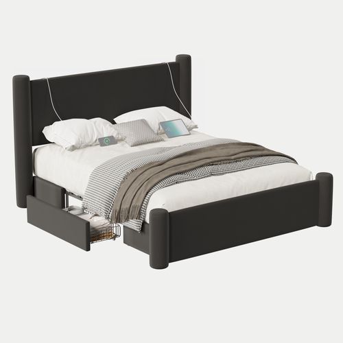 Lit Double Rembourré 160x200cm Sommier à Lattes Tête De Lit 2 Tiroirs Rangement Port USB Intégré