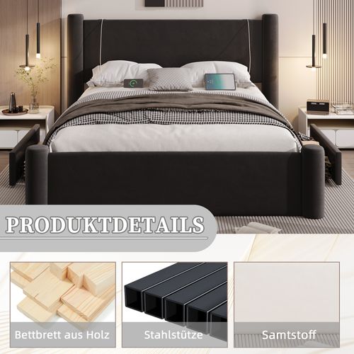 Lit Double Rembourré 160x200cm Sommier à Lattes Tête De Lit 2 Tiroirs Rangement Port USB Intégré