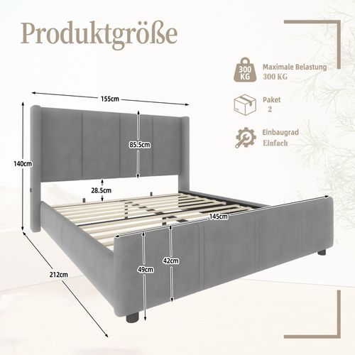 Lit Double 140x200cm Lit Adulte Rembourré Velours Avec Sommier à Lattes USB Tête De Lit Haute Gris