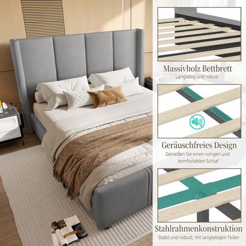Lit Double 140x200cm Lit Adulte Rembourré Velours Avec Sommier à Lattes USB Tête De Lit Haute Gris