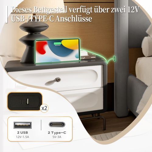 Lit Double 140x200cm Lit Adulte Rembourré Velours Avec Sommier à Lattes USB Tête De Lit Haute Gris