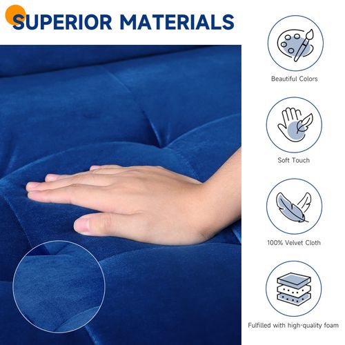 Canapé Droit 3 Places En Velours,  Avec Accoudoirs,173l X 77l X 86h Cm, Bleu