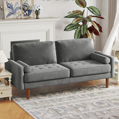 Canapé Droit 3 Places En Velours, Avec Accoudoirs,173l X 77l X 86h Cm, Gris