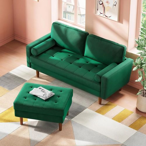 Canapé Droit 2 Places En Velours, Avec Accoudoirs,148l X 78l X 85h Cm, Vert
