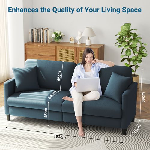 Canapé 3 Places En Velours Teddy, En Bois Massif, 193x79x89 Cm - Bleu Gris