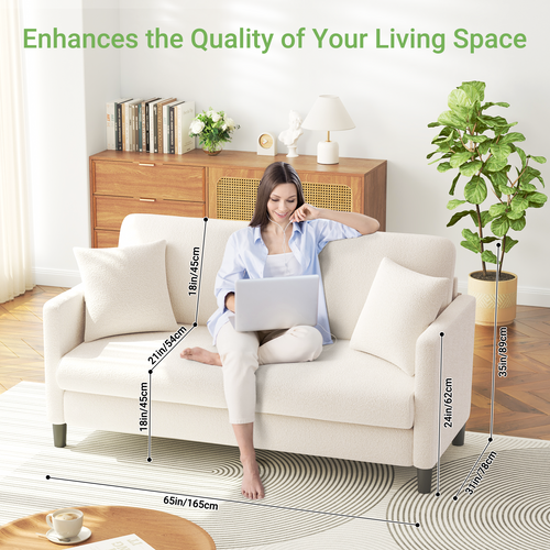 Canapé 2 Places En Velours Teddy, Avec Accoudoirs,165 X 78 X 89cm, Beige