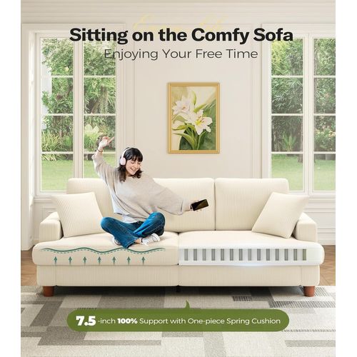 Canapé En Velours Côtelé 3 Places, 220l X 76l X 84h Cm, Beige