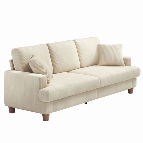 Canapé En Velours Côtelé 3 Places, 220l X 76l X 84h Cm, Beige
