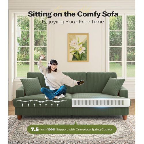 Canapé En Velours Côtelé 3 Places, 220l X 76l X 84h Cm, Vert