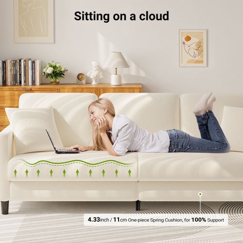 Canapé 3 Places En Velours Teddy, Bois Massif, Avec Accoudoirs,210 X 79 X 89 Cm, Beige