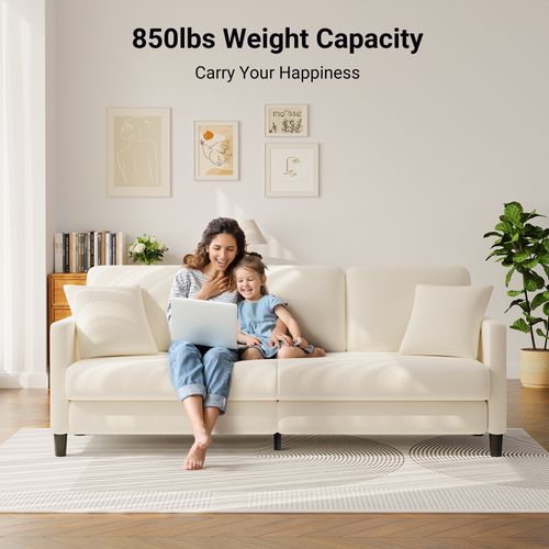 Canapé 3 Places En Velours Teddy, Bois Massif, Avec Accoudoirs,210 X 79 X 89 Cm, Beige