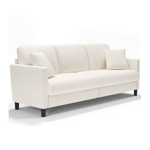 Canapé 3 Places En Velours Teddy, Bois Massif, Avec Accoudoirs,210 X 79 X 89 Cm, Beige