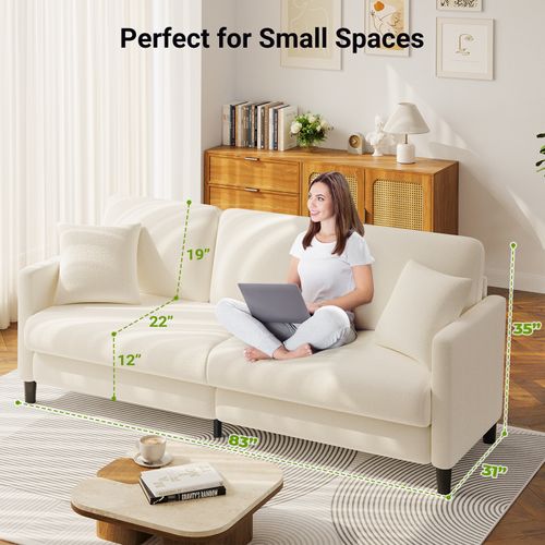 Canapé 3 Places En Velours Teddy, Bois Massif, Avec Accoudoirs,210 X 79 X 89 Cm, Beige