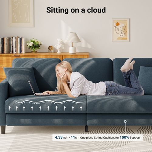 Canapé 3 Places En Velours Et Bois Massif - 210 X 79 X 89 Cm - Bleu Gris