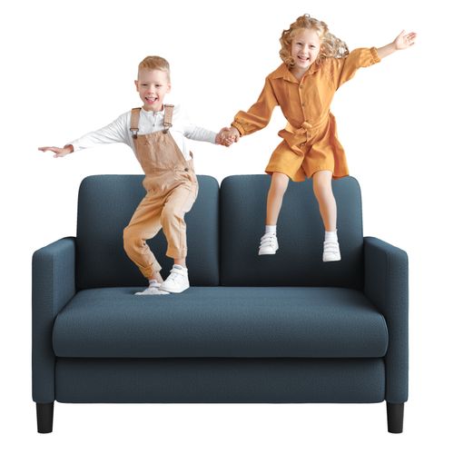 Canapé 2 Places En Velours Teddy, Avec Accoudoirs,128x78x89cm, Bleu-gris