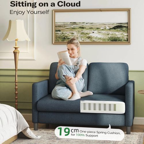 Canapé 2 Places En Velours Teddy, Avec Accoudoirs,128x78x89cm, Bleu-gris