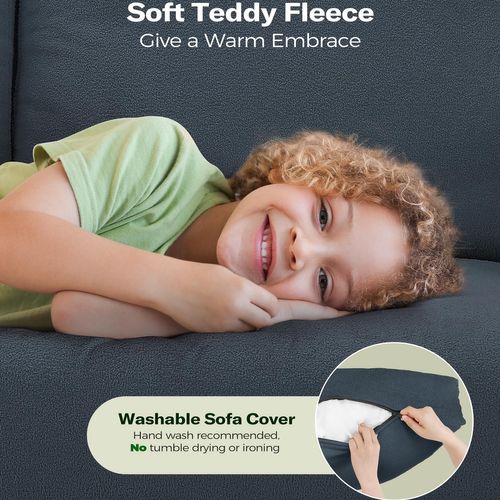 Canapé 2 Places En Velours Teddy, Avec Accoudoirs,128x78x89cm, Bleu-gris