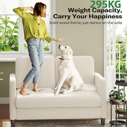 Canapé 2 Places En Velours Teddy, Avec Accoudoirs,128x78x89cm, Beige