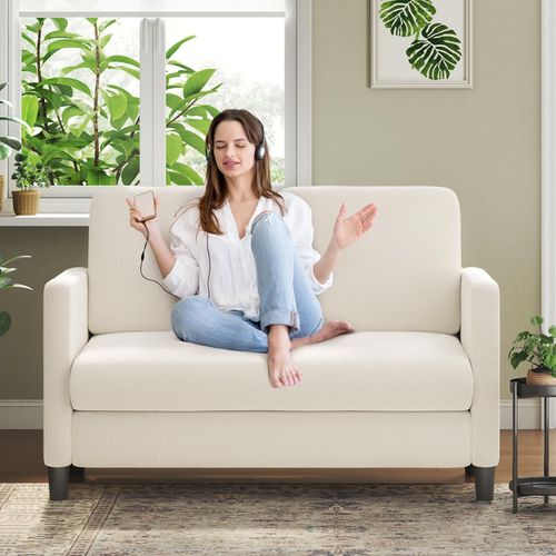 Canapé 2 Places En Velours Teddy, Avec Accoudoirs,128x78x89cm, Beige