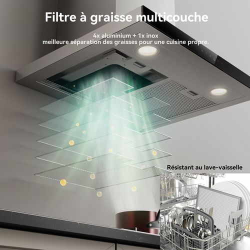 Hotte Aspirante Tr60ss A++ 60cm Evacuation/recyclage, Hotte Murale 882 M³/h 9 Niveaux Touch Control