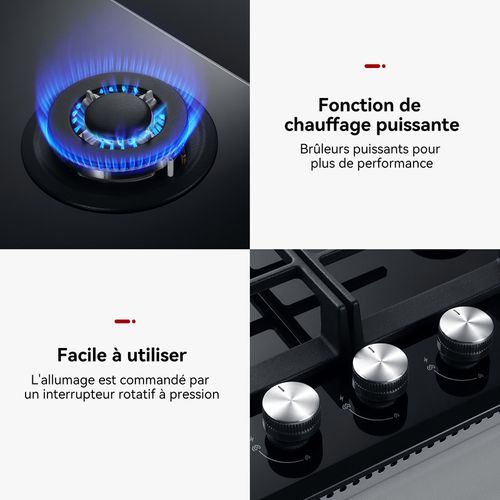 Plaque De Cuisson Gaz Gh603bf 3 Feux Encastrée, Noir 60 Cm