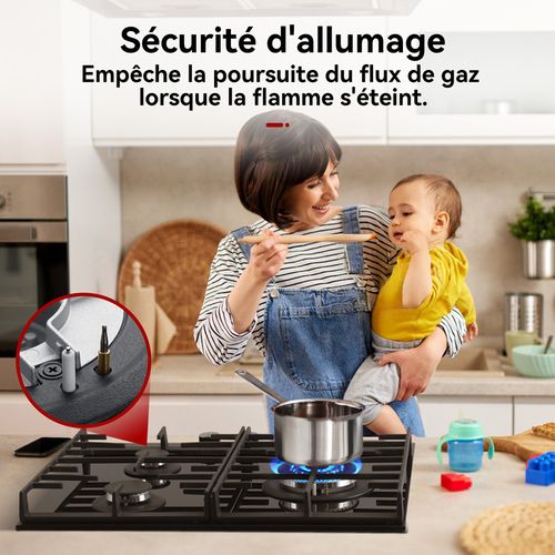 Plaque De Cuisson Gaz Gh603bf 3 Feux Encastrée, Noir 60 Cm