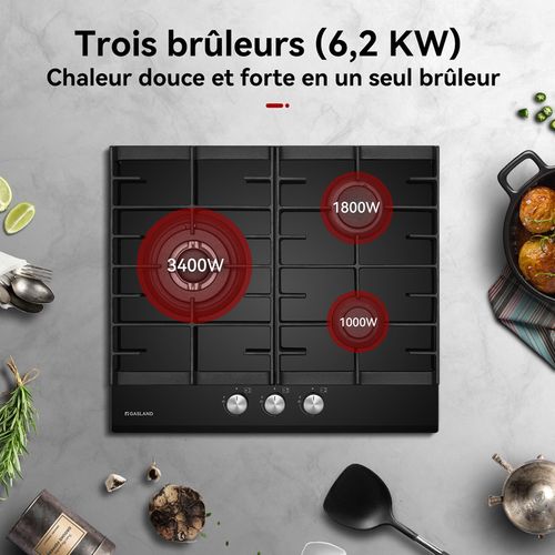 Plaque De Cuisson Gaz Gh603bf 3 Feux Encastrée, Noir 60 Cm