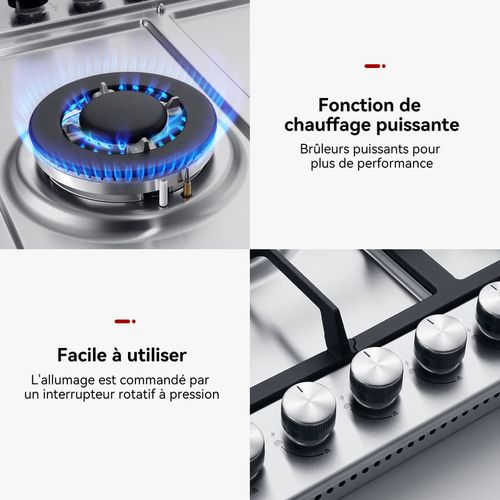 Plaque De Cuisson à Gaz Gh2705ss1fc Encastrée 5 Feux, Plaque Gaz 68 Cm Inox Avec Brûleur Wok