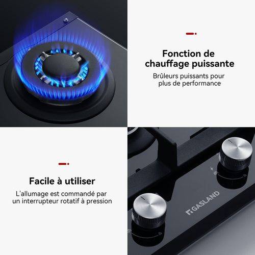 Plaque De Cuisson Gaz Gh2302bg1fc 2 Feux, Plaque Gaz Verre Trempé Noir 30 Cm