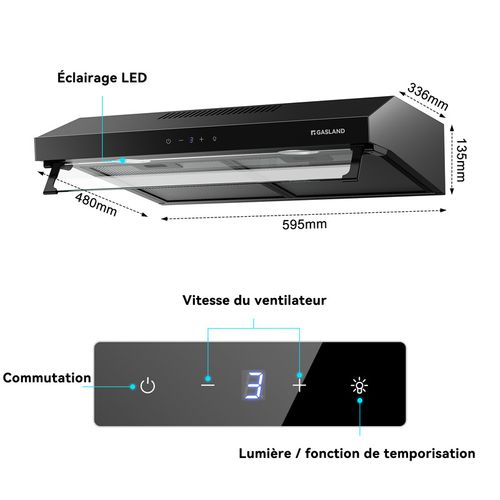 Hotte visière Uc60bs 60cm 637 M³/h Avec Filtre à Charbon Touch Control