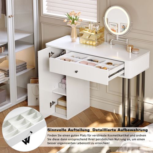 Coiffeuse Avec Miroir LED 3 Tons, Tiroir à 9 Cases Et 3 Niveaux De Rangement 100x116x40 Cm Blanc