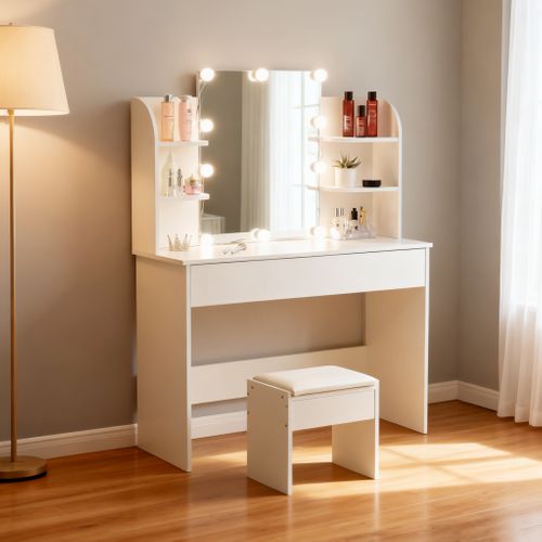 Table De Maquillage Avec Miroir Et 3 Tiroirs Coiffeuse Moderne Tabouret Blanc 89792517