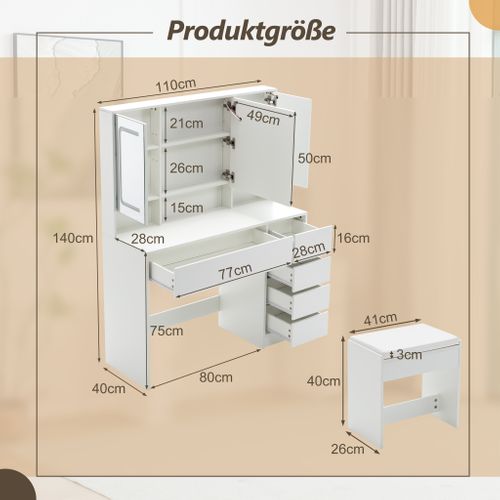 Coiffeuse Miroir-tabouret 110x40x140cm LED 5 Tiroirs Miroir Caché Table De Maquillage Moderne Blanc
